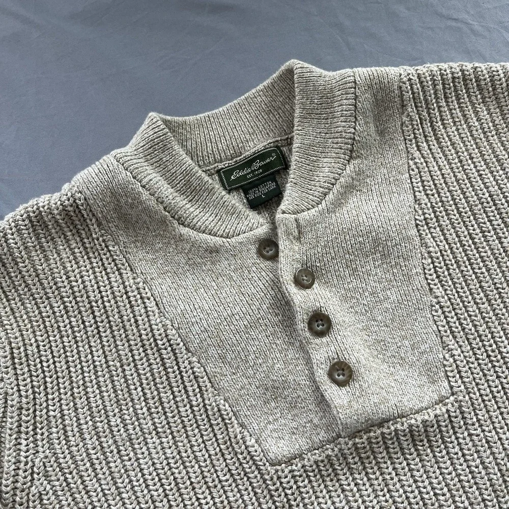 VTG Eddie Bauer Pullover Henley Knit Sweater Beige Men's L 100% Cotton Heavy